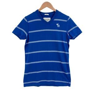 Abercrombie & Fitch T Shirt Mens Small Blue Striped Cotton Short Sleeve V Neck